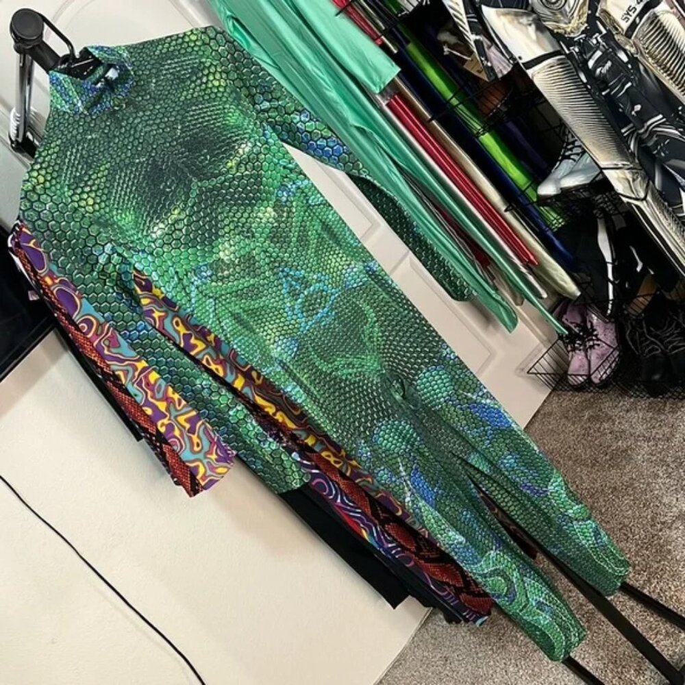 Candy Catz Green Hexagon Skin Jumpsuit Skinsuit Bodysuit Catsuit Rave.